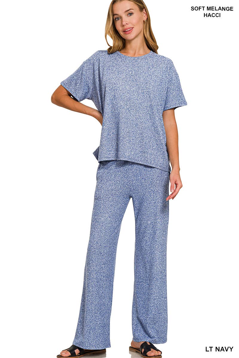 Soft Melange Short Sleeve Tee & Long Pants Set - Zenana