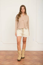 EXPOSED SEAM LONG SLEEVE TEXTURED KNIT POLO