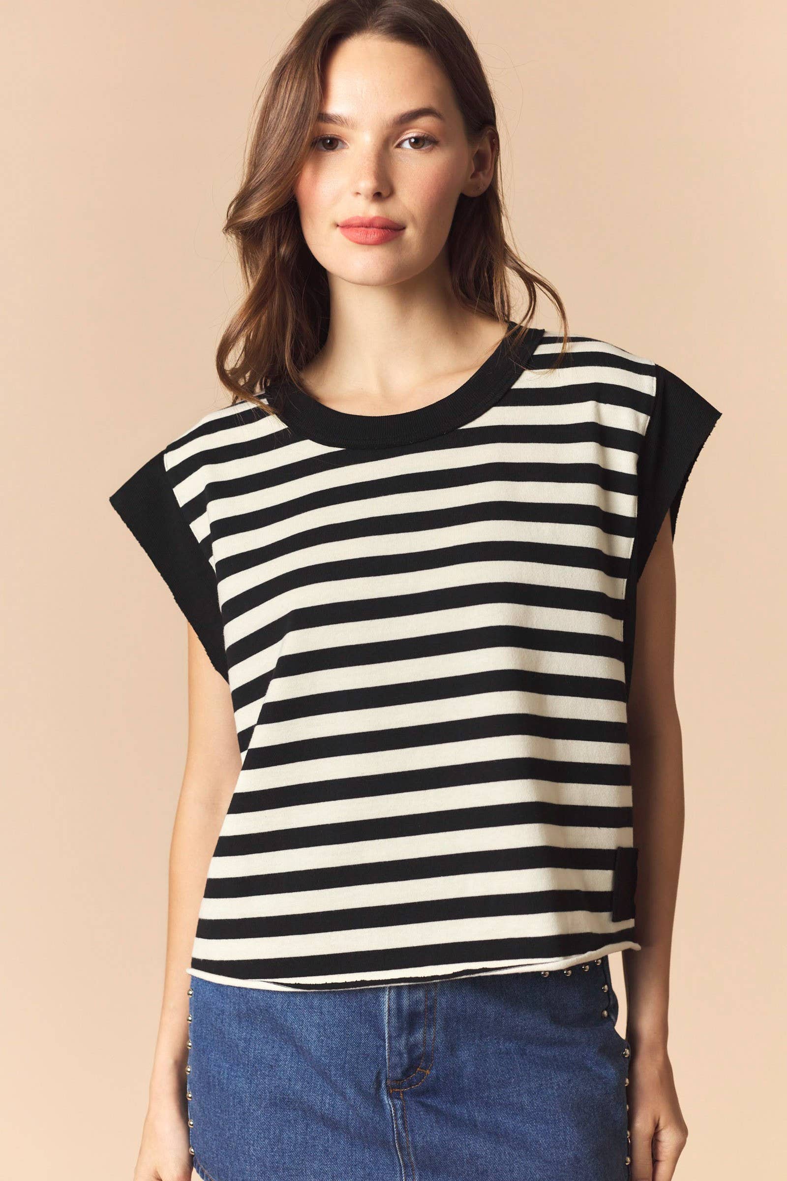 Stripe Cotton And Solid Rib Oversized Sleeveless Top