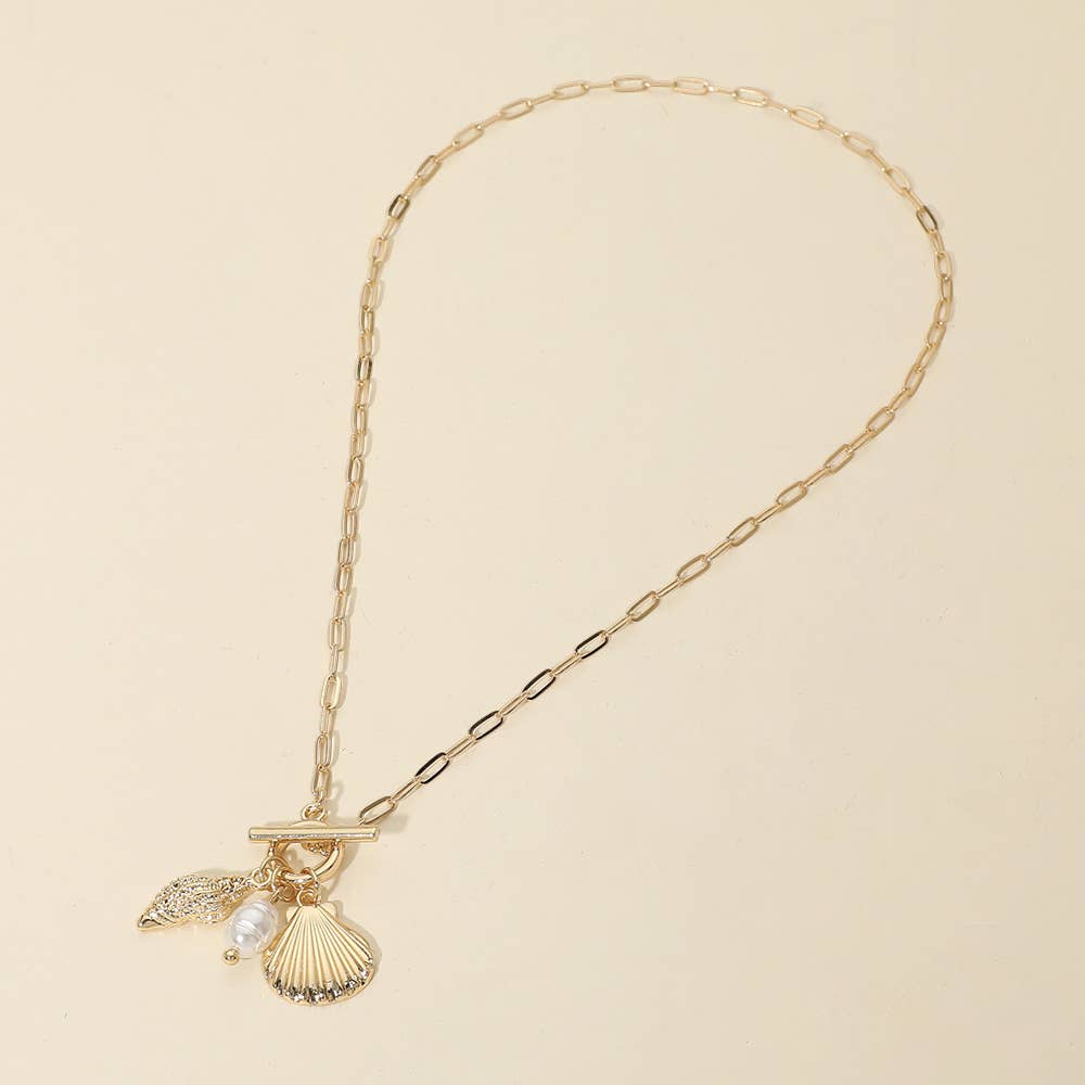 Seashell Pearl Charm Toggle Paperclip Chain Necklace