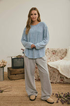 BOXY TEXTURED LONG SLEEVE WASHED KNIT TOP
