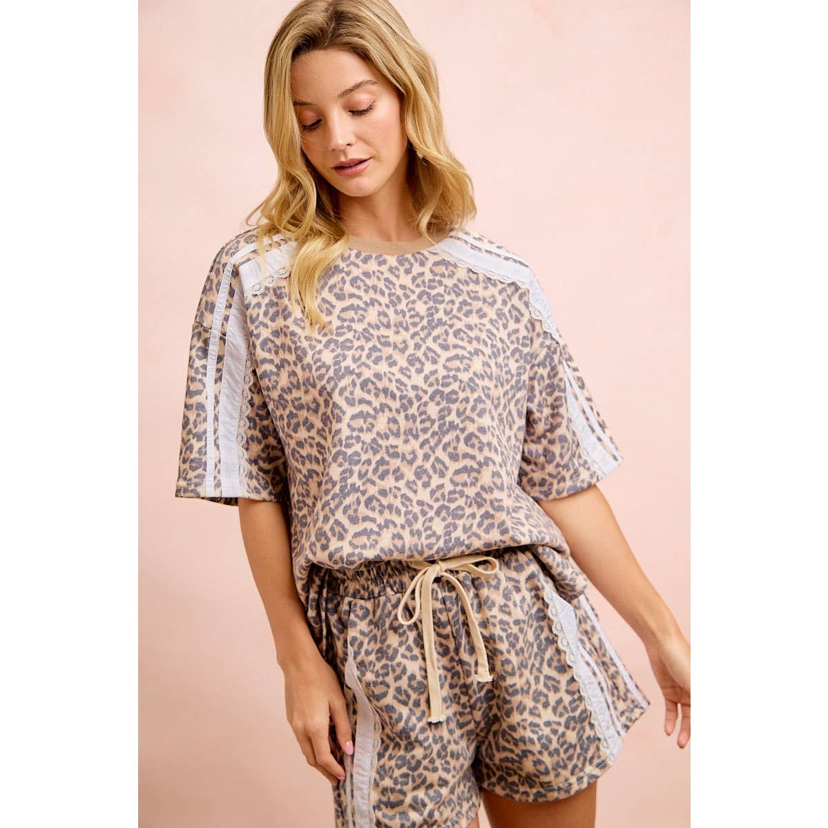 LEOPARD TERRY SIDE DRAWSTRING SHORTS WITH SIDE POCKET