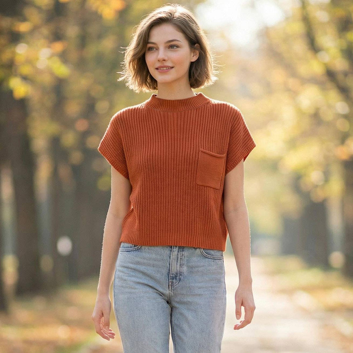 Mock Neck Short Sleeve Crop Sweater