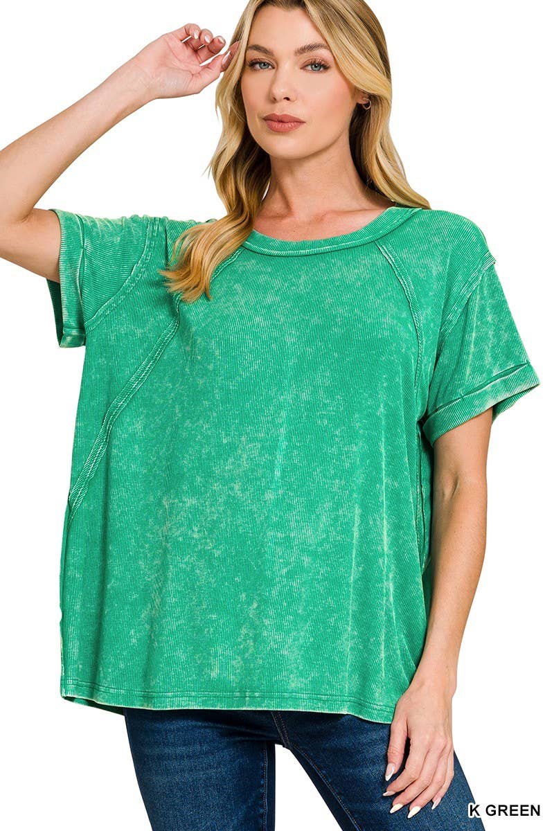 Washed Ribbed Cuffed Short Sleeve Round Neck Top