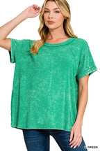 Washed Ribbed Cuffed Short Sleeve Round Neck Top