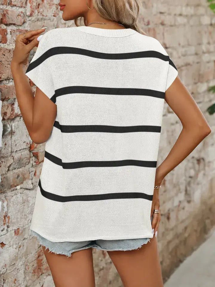Striped Short Sleeve Knit Sweater Casual Summer Top