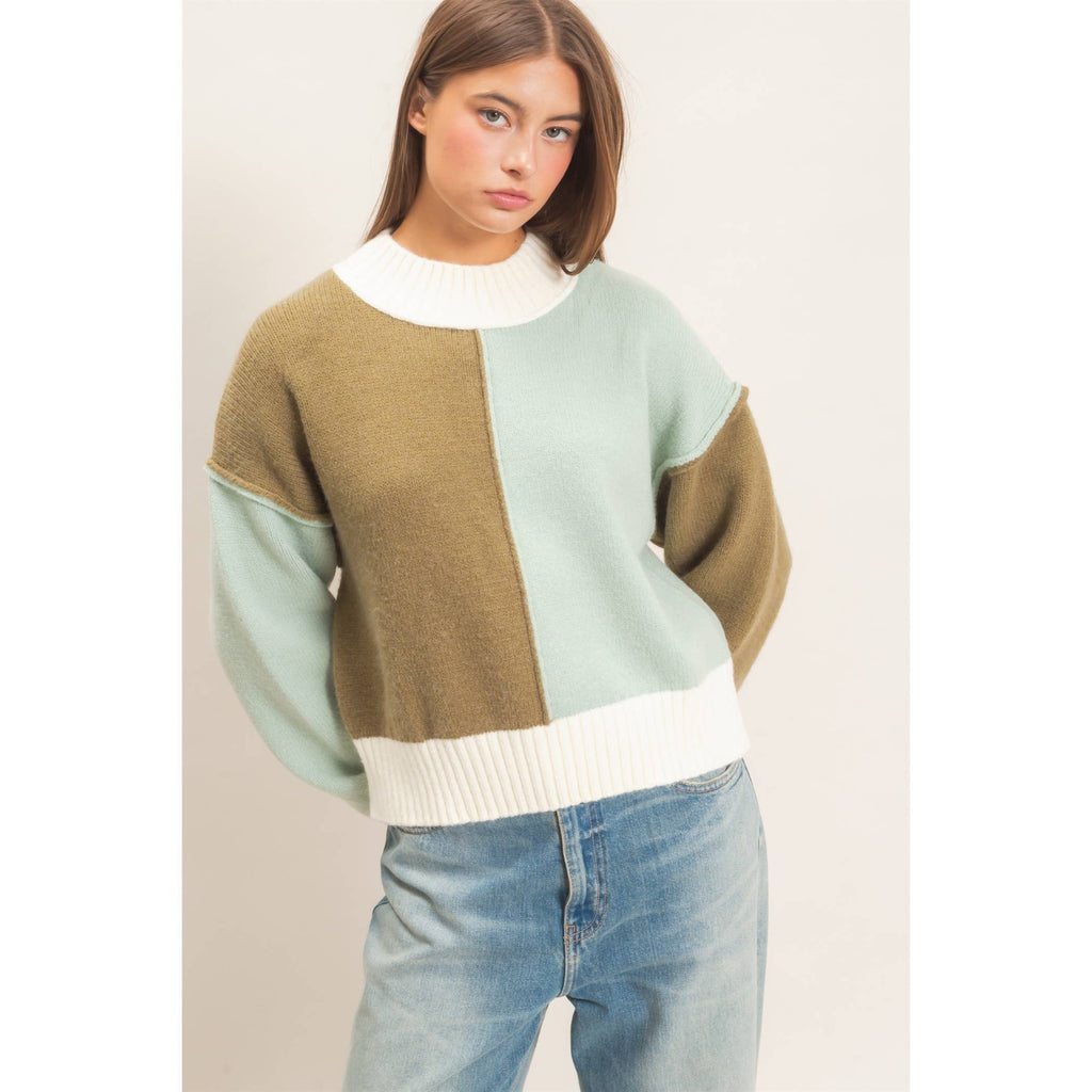 Color Block Mock Neck Sweater