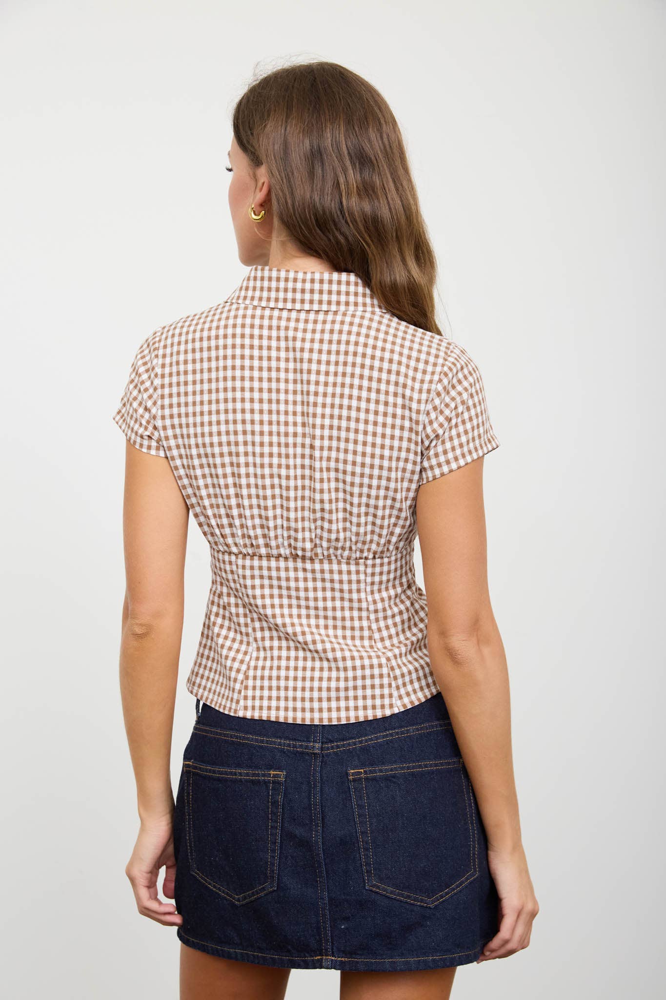 GINGHAM COLLARED SHORT SLEEVE CONTOURED TOP