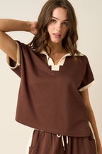 CLOUD KNIT CONTRAST STRIPE POLO SHORT SLEEVE TOP