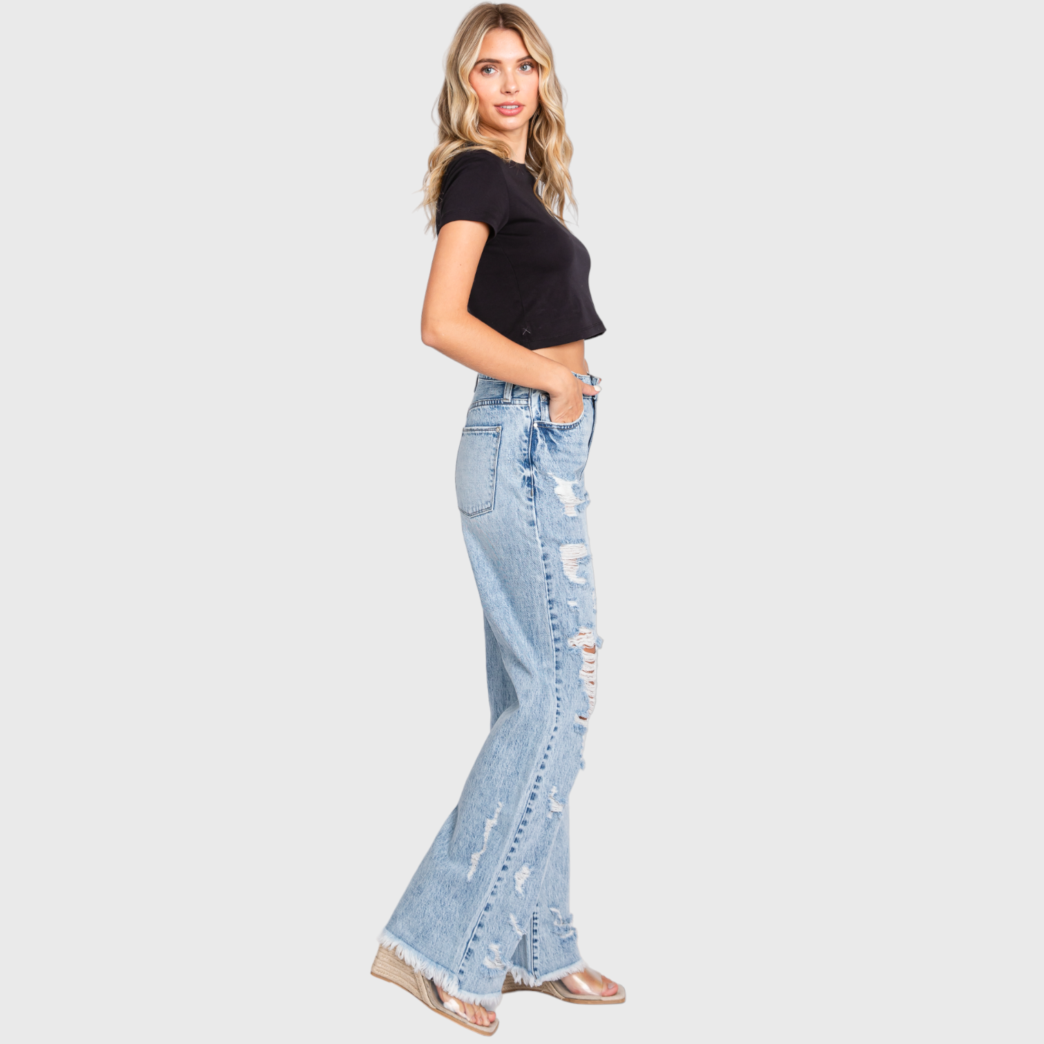 P865VXF-LT DESTROYED HIGH RISE RIGID VINTAGE FLARE JEANS