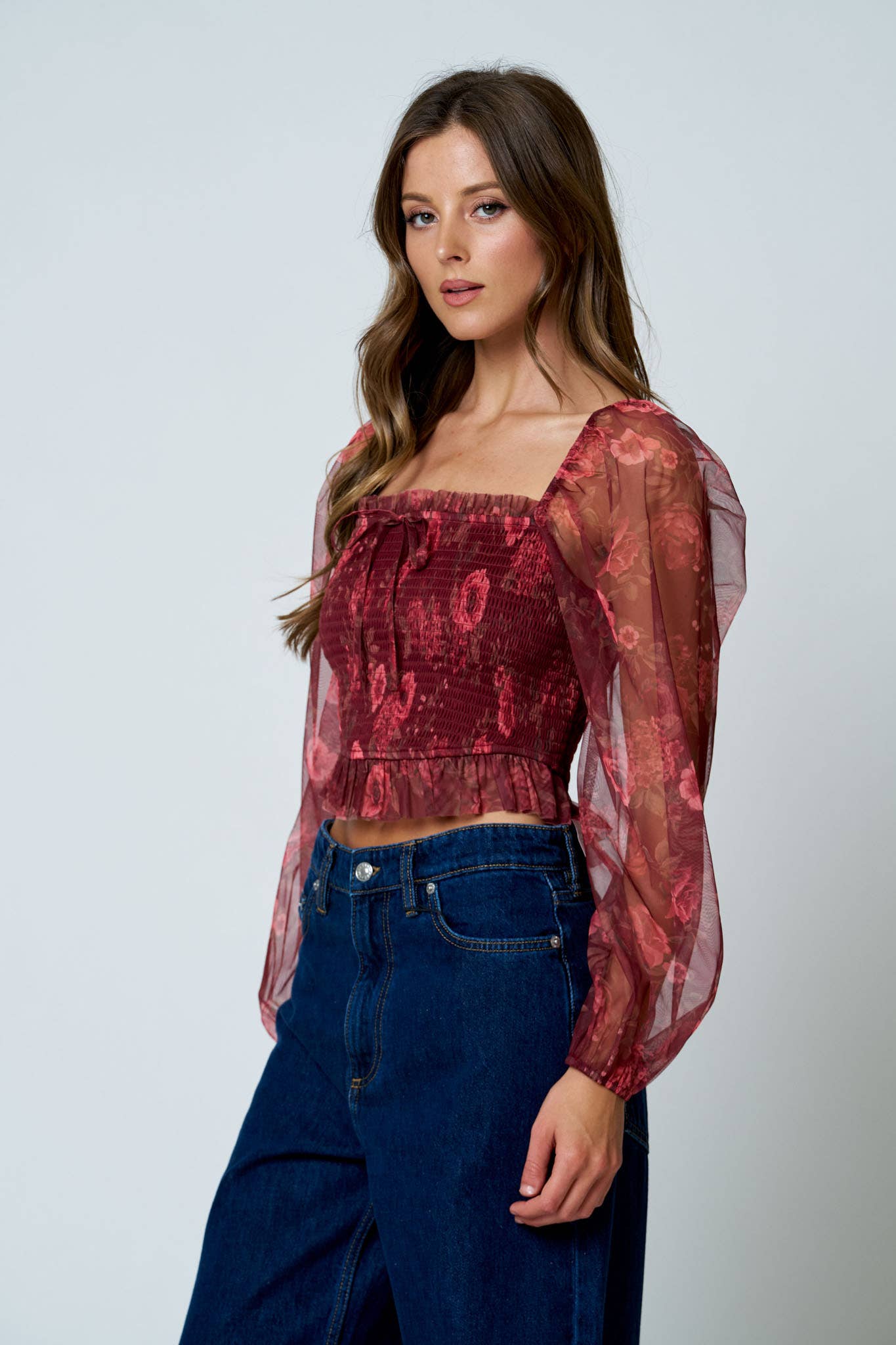 FLORAL CHIFFON SMOCKED LONG SLEEVE BLOUSE