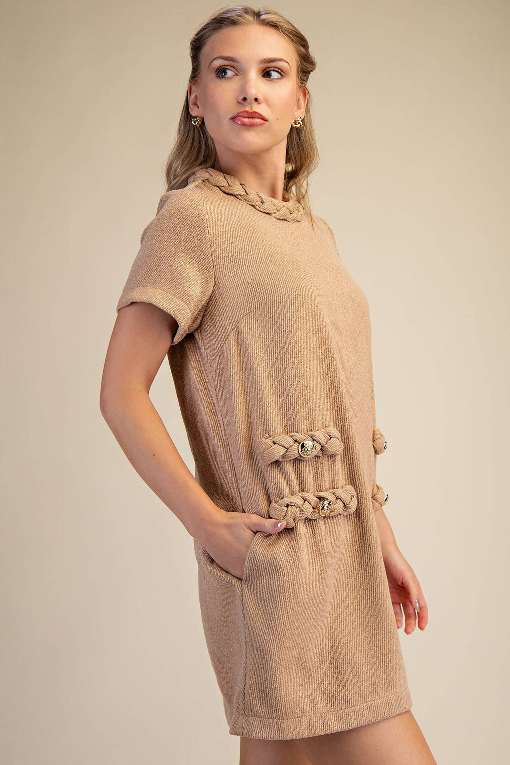 Round Neck Twist Trim Mini Dress