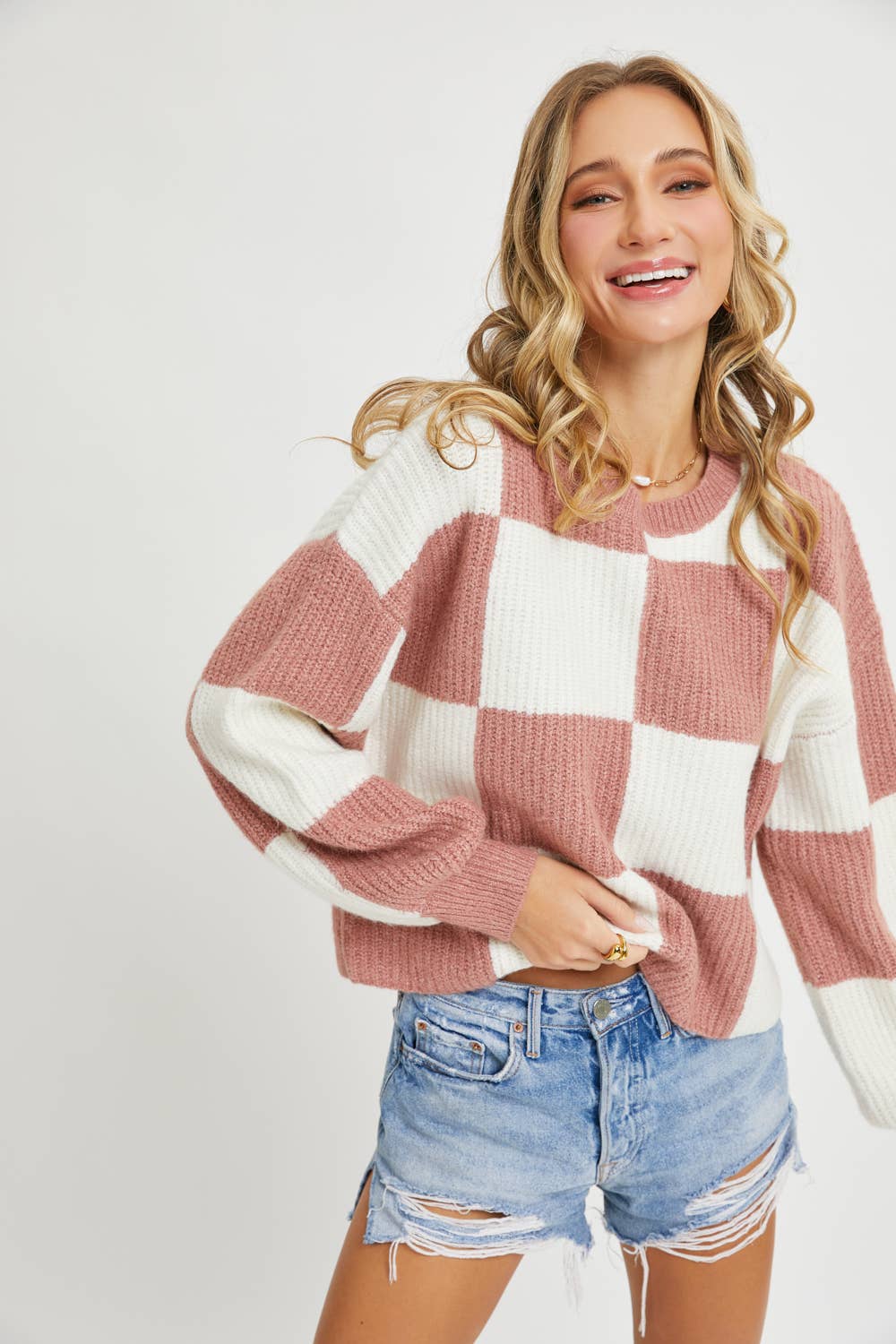 CASUAL SOFT COZY  RELAXED FIT CHECKER KNIT SWEATER