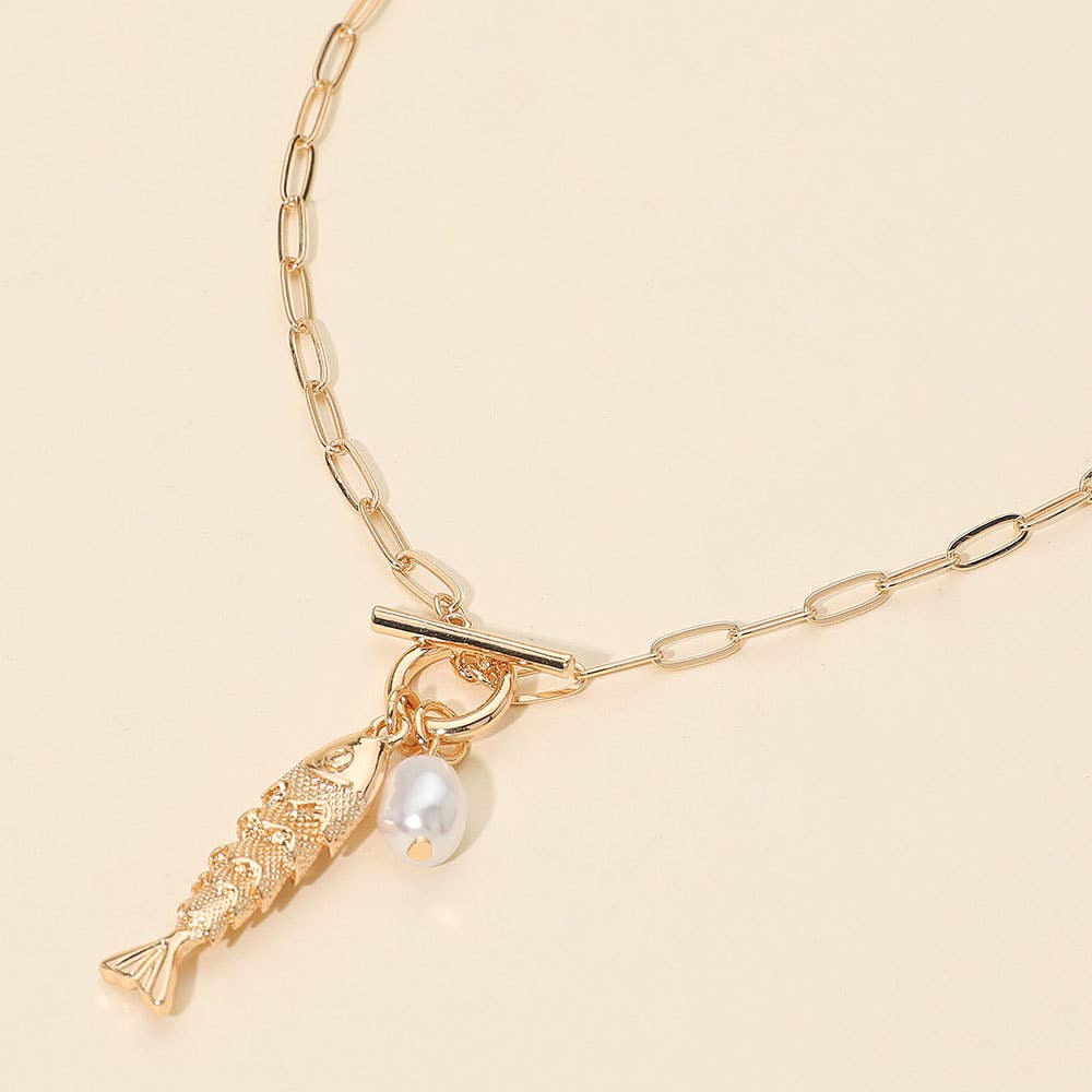Fish Pearl Toggle Charm Pendant Necklace