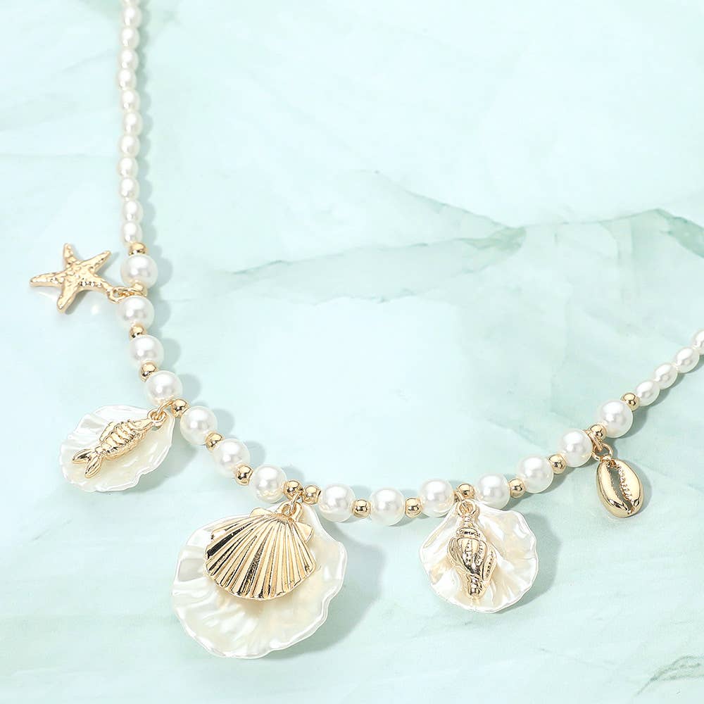 Ocean Inspired Seashell Starfish Charm Station Pearl Beaded Necklace