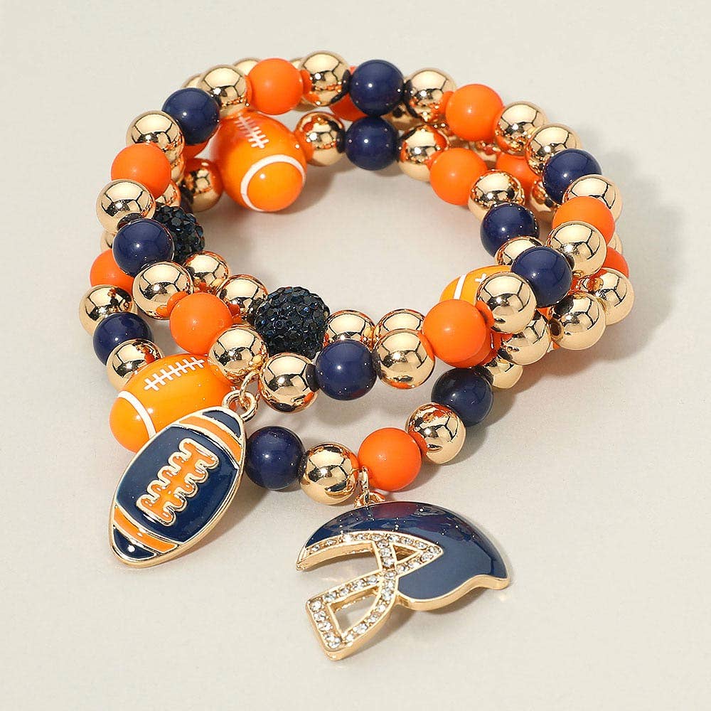 3PCS - Game Day Football Helmet Charm Beaded Stretch Multi Layered Bracelets