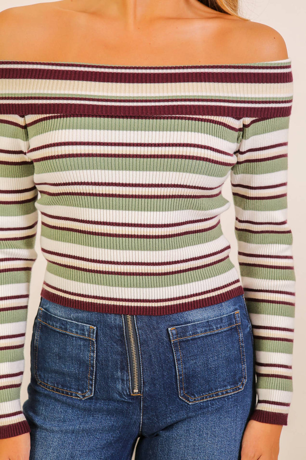Striped Foldover Off-Shoulder Sweater Top