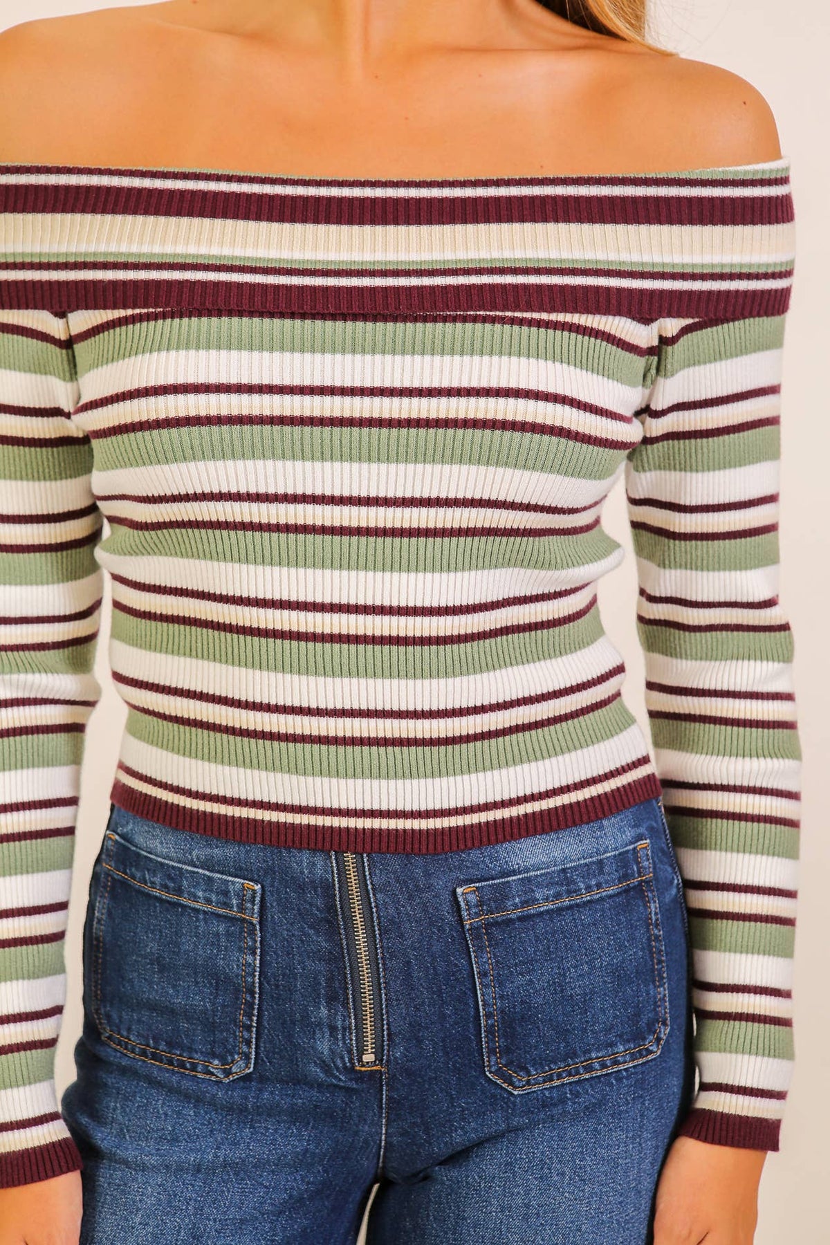 Striped Foldover Off-Shoulder Sweater Top
