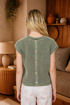 ACID WASHED TAB SLEEVE BACK BUTTON KNIT TOP
