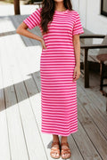 Striped Short Sleeve Scalloped Trim Side Slit Dress (S-XL)