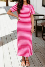 Striped Short Sleeve Scalloped Trim Side Slit Dress (S-XL)