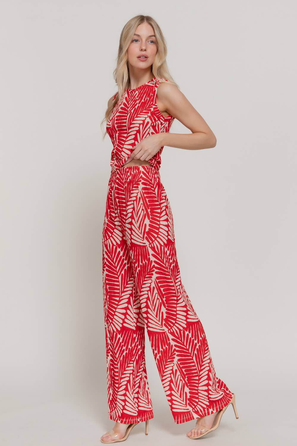 Sleeveless Top & Wide Print Knit Pants Set