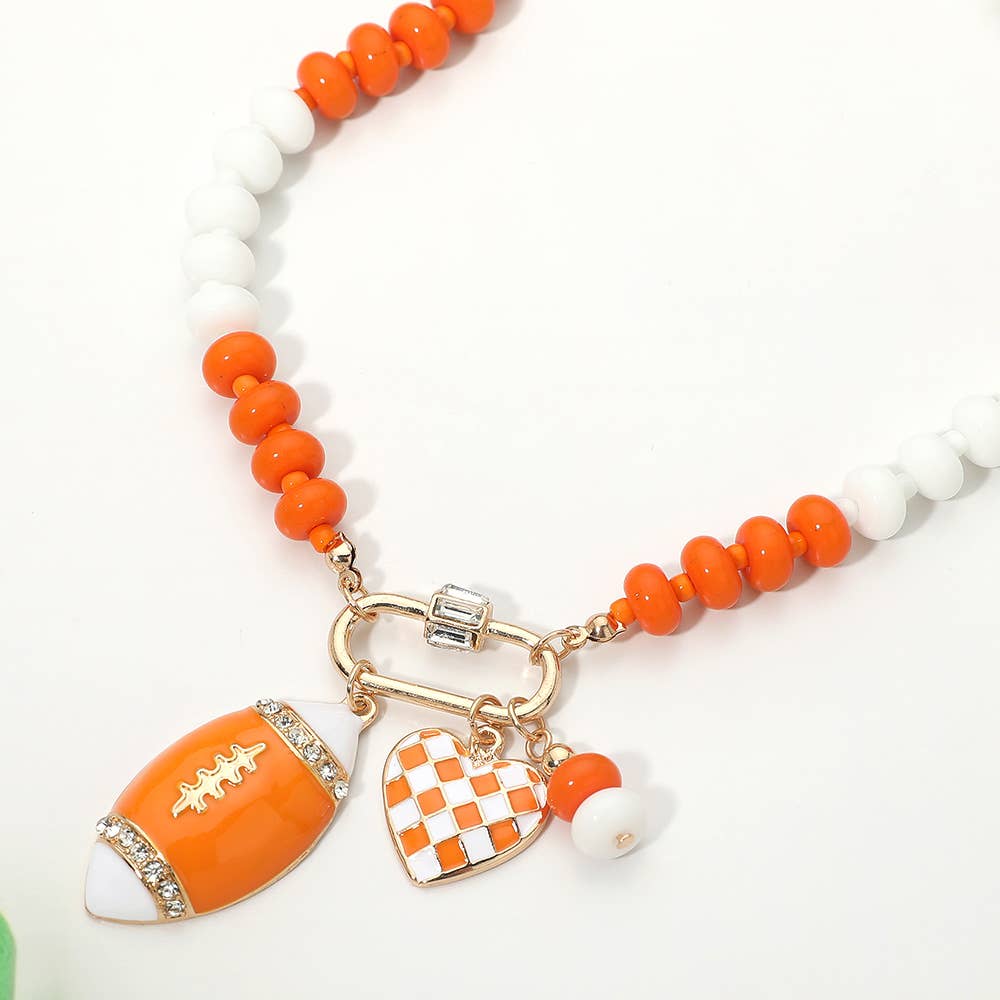 Gameday Football Heart Charm Carabiner Pendant Beaded Necklace