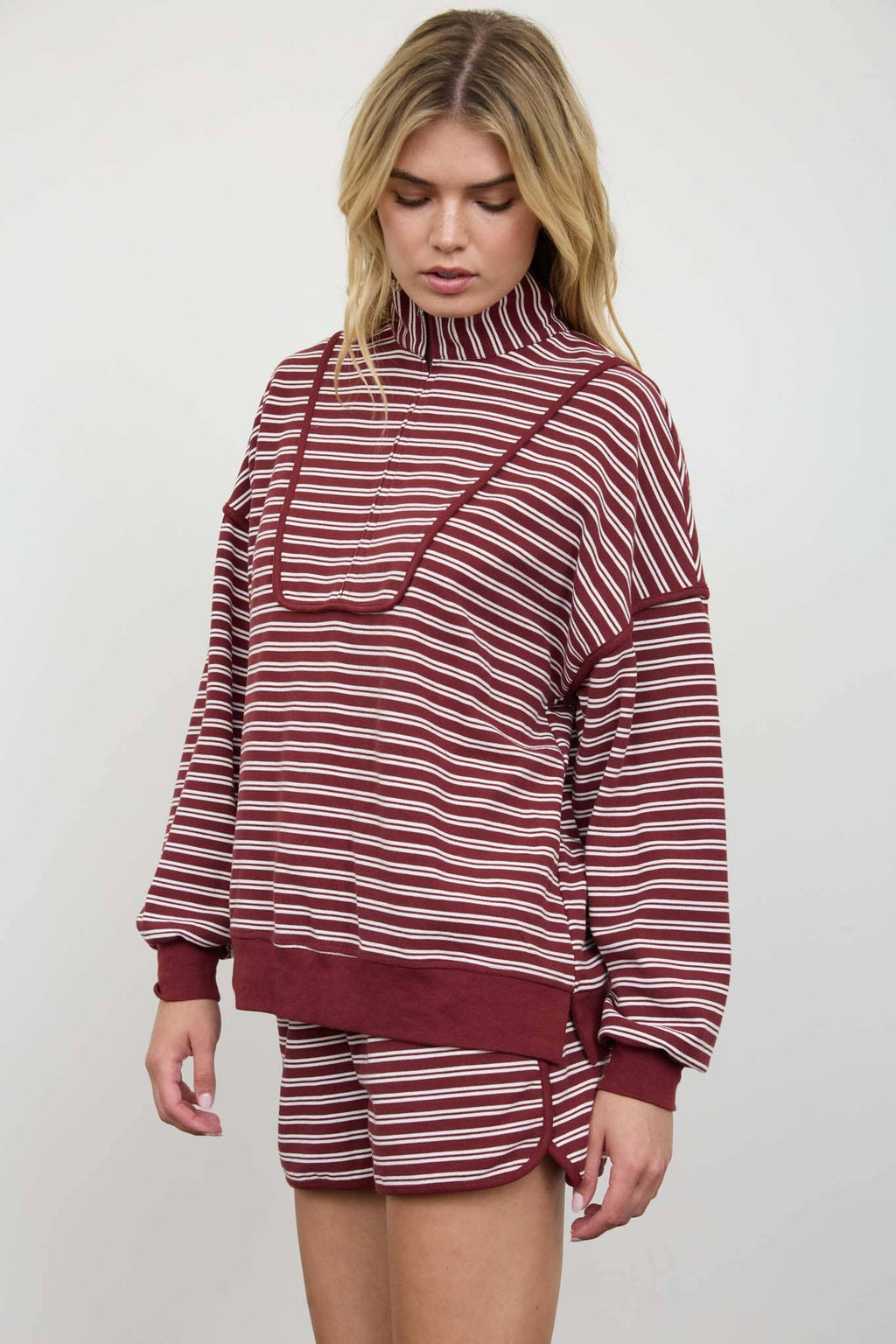 HALF ZIP STRIPE CONTRAST TRIM LONG SLEEVE KNIT TOP