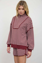 HALF ZIP STRIPE CONTRAST TRIM LONG SLEEVE KNIT TOP