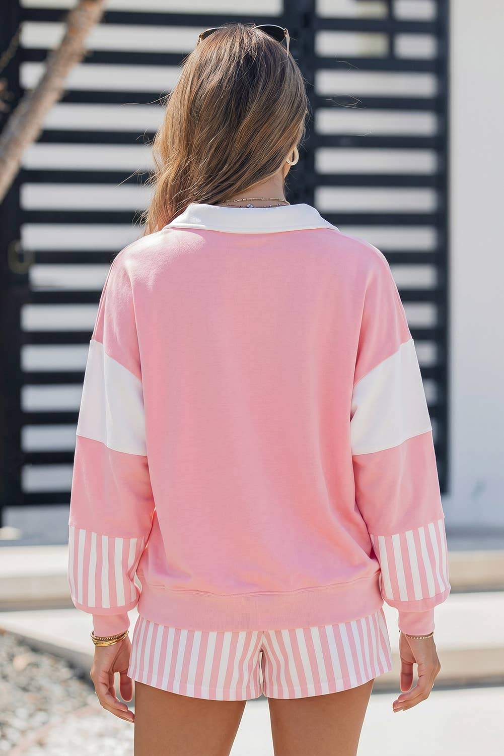 Striped Long Sleeve Shift Fit Two Piece Shorts Set S-4X