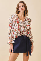 CT9624-Floral Print Tiered Ruffle layer Scoop Neck Top