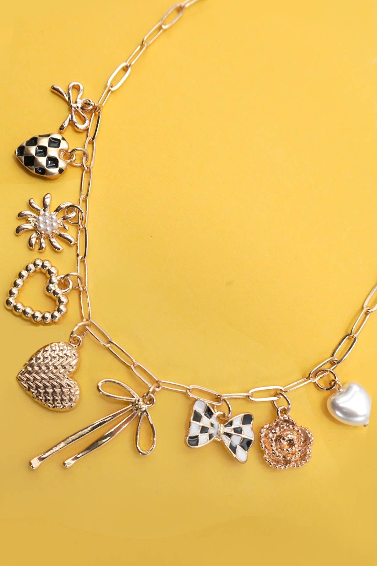 Checker Bow Heart Charm Necklace
