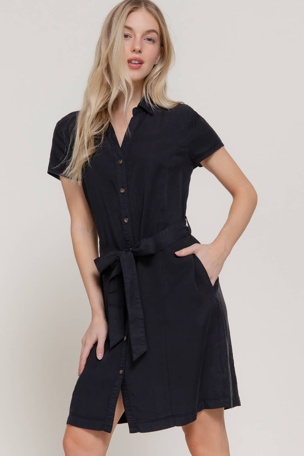 0420 Belted Tencel Shirt Mini Dress w/ Side Pockets SI-26238