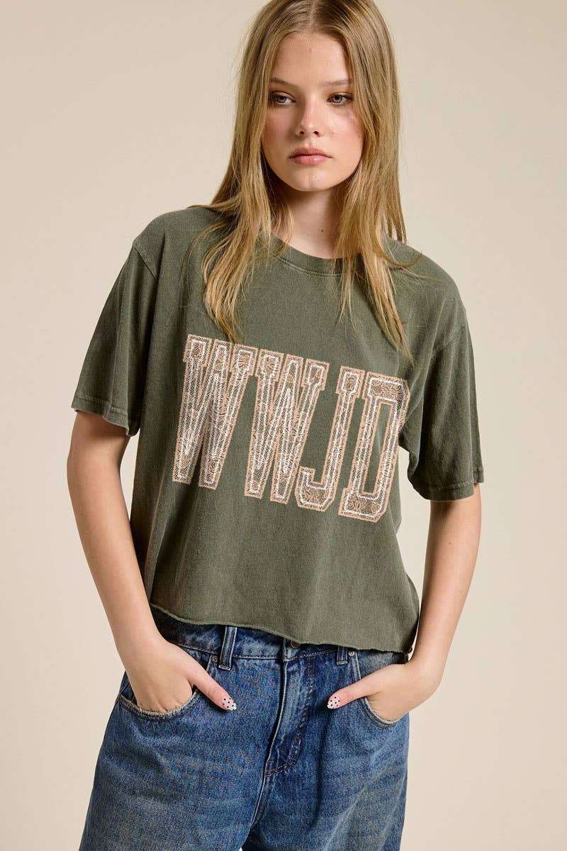 PUFF' WWJD Lace Graphic Raw Hem Faux Crop Tee