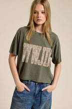 PUFF' WWJD Lace Graphic Raw Hem Faux Crop Tee