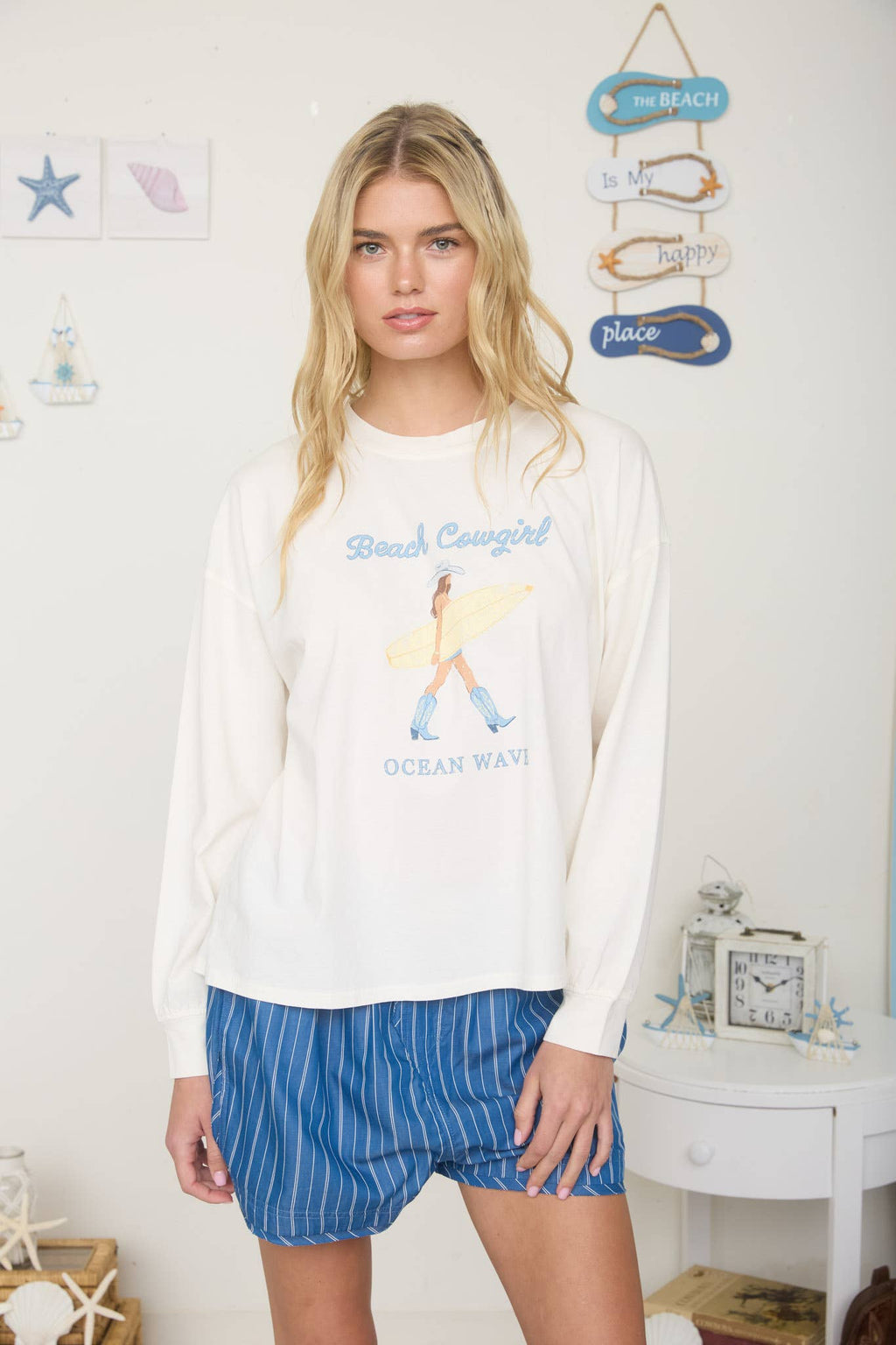 BEACH COWGIRL LONG SLEEVE KNIT TOP: LIGHT PINK