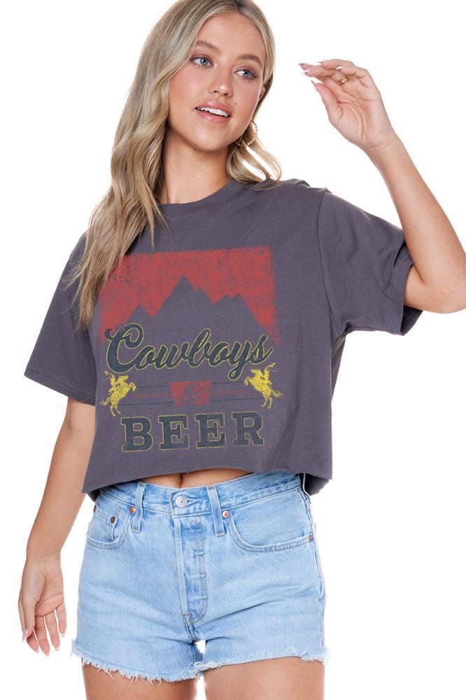 Cowboy & Beer Vintage Graphic S/S Faux Cropped Tee