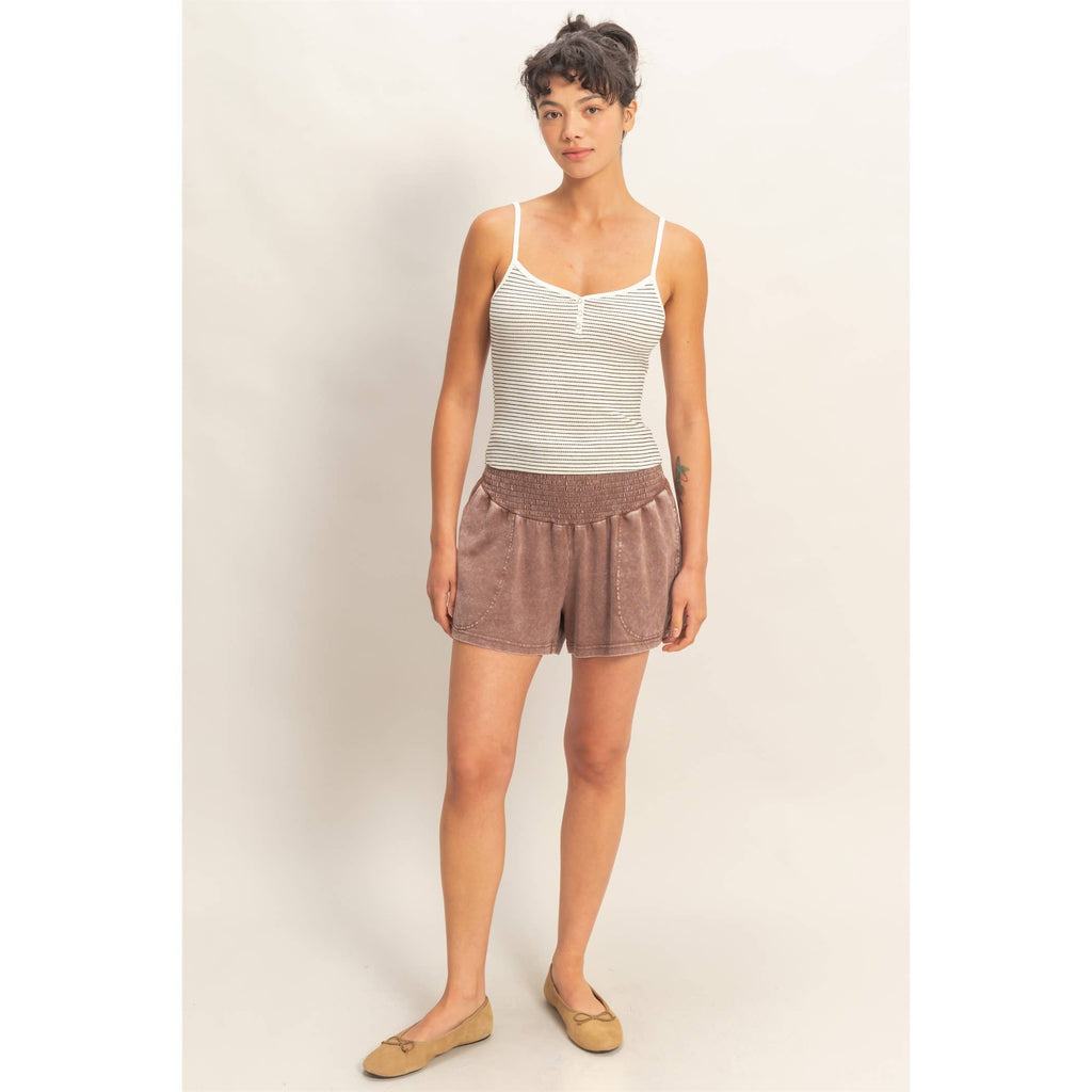 Smocked Waist Mineral Wash Shorts