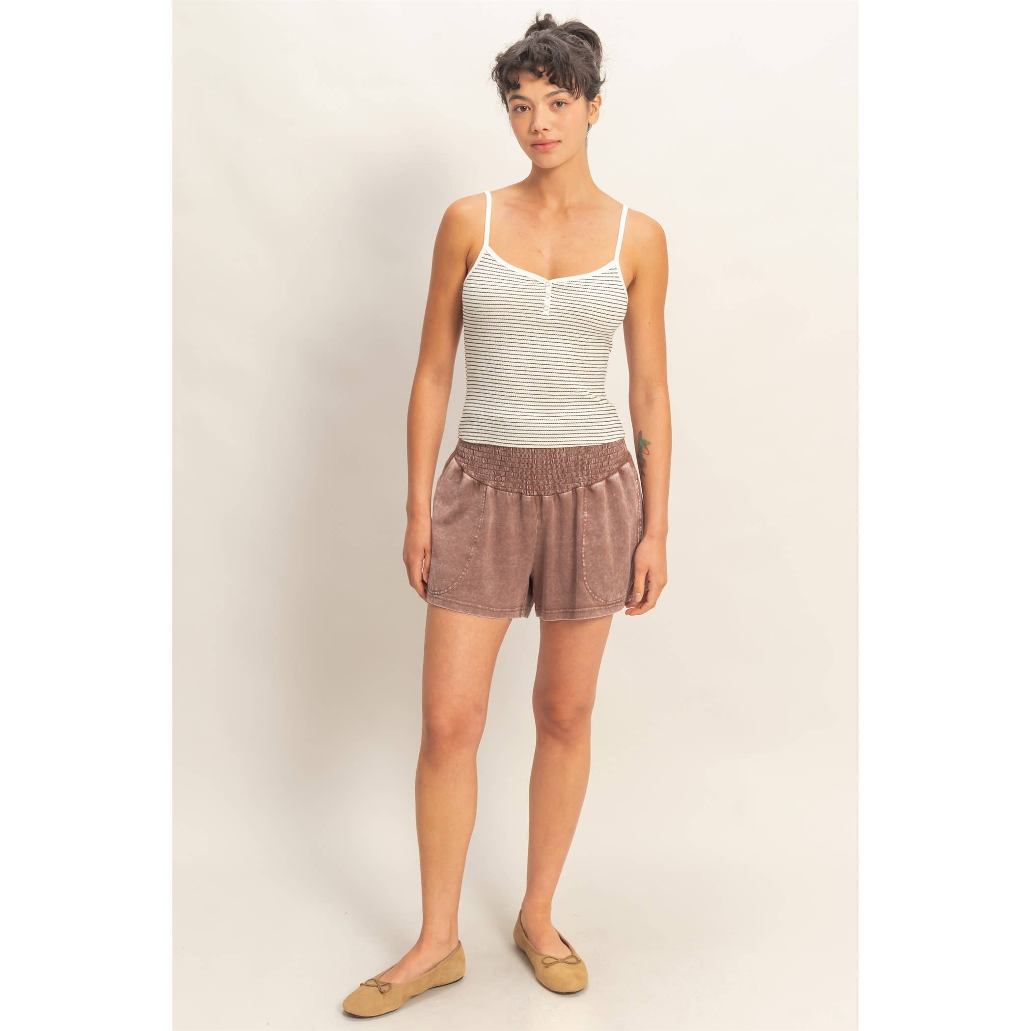 Smocked Waist Mineral Wash Shorts