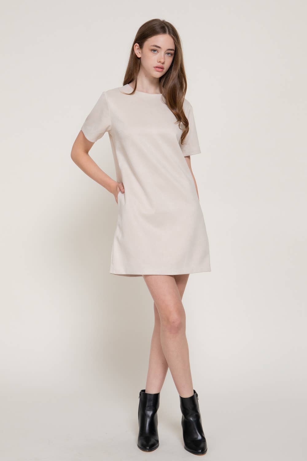 Short Sleeve Round Neck Semi A-Line Faux Suede Mini Dress