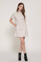 Short Sleeve Round Neck Semi A-Line Faux Suede Mini Dress