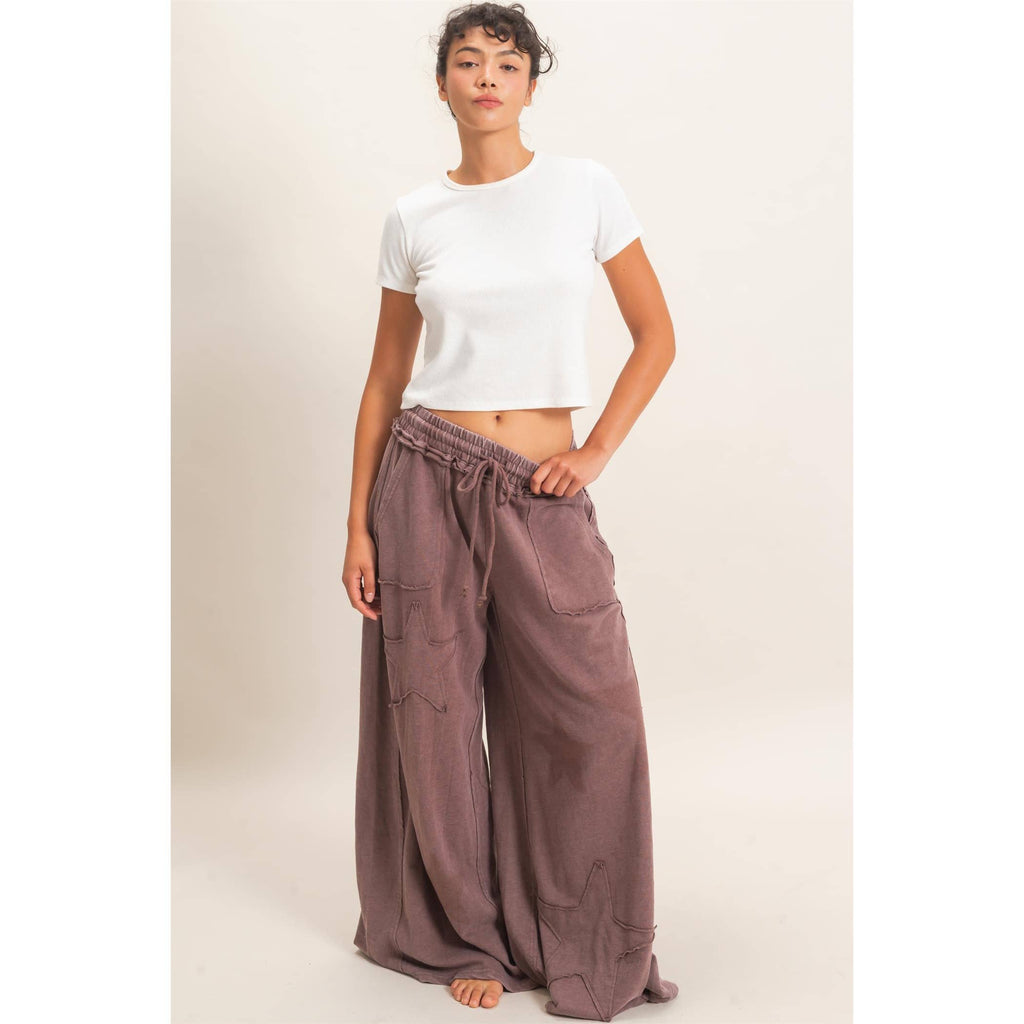 Mineral Wash Star Patch And Print Wide Leg Pants