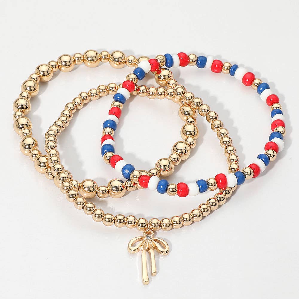 3PCS - Bow Charm Patriotic Beads Metal Ball Beaded Stretch Multi Layered Bracelets