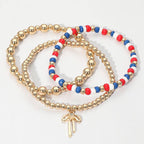 3PCS - Bow Charm Patriotic Beads Metal Ball Beaded Stretch Multi Layered Bracelets