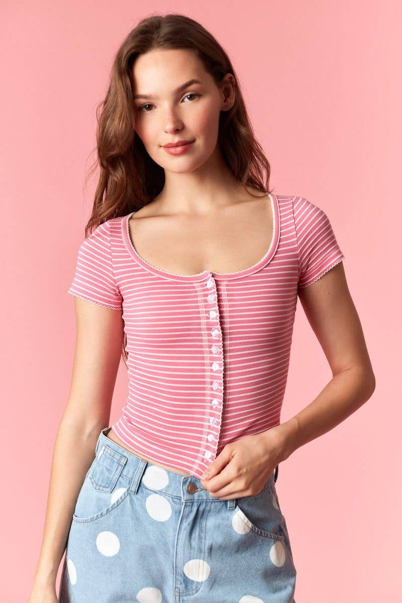 Stripe Cotton Jersey Scoop Neck Button Up Top