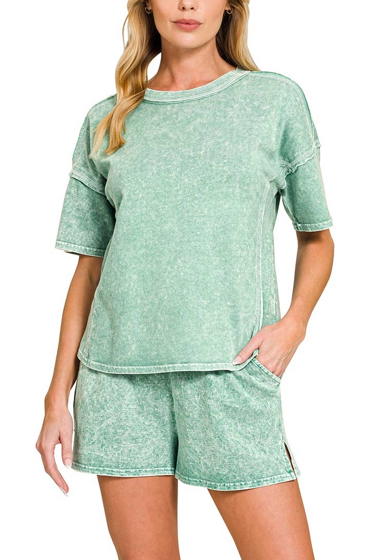 Acid Washed Short Sleeve Tee Shorts Set