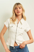 11221S-2WAY OPEN ZIPPER FITTED COLOR DENIM SHIRTS