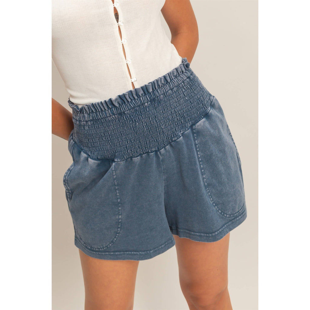 Smocked Waist Mineral Wash Shorts