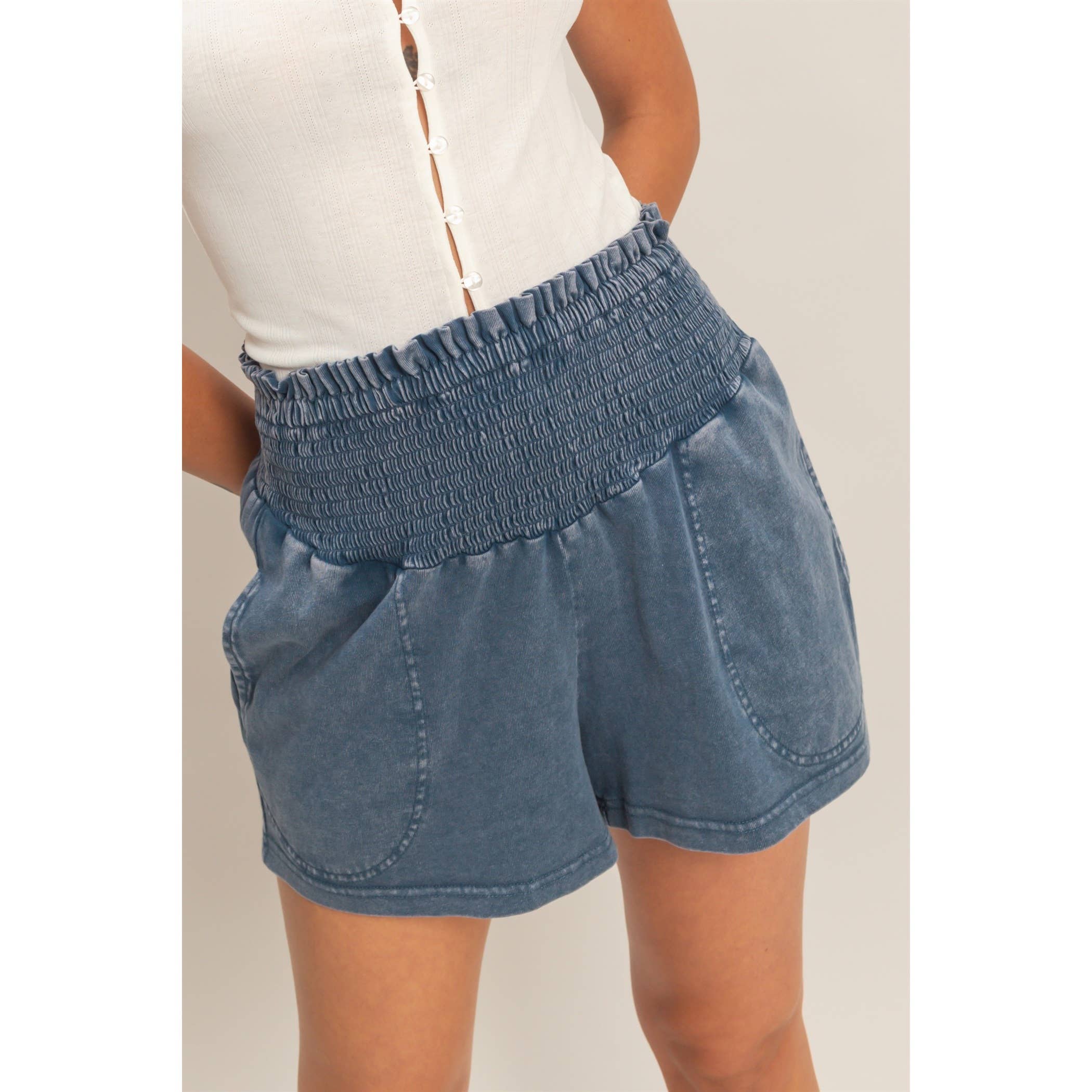 Smocked Waist Mineral Wash Shorts