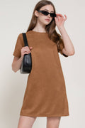 Short Sleeve Round Neck Semi A-Line Faux Suede Mini Dress